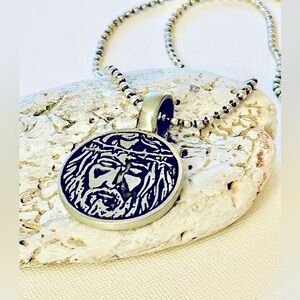 Jesus pendant ball chain necklace. Antique silver plated necklace. Jesus pendant